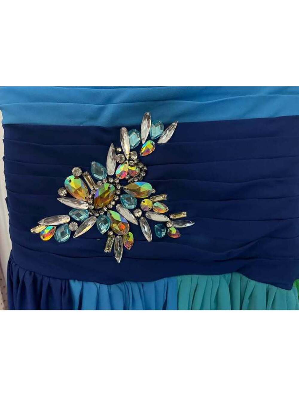 Strapless Multi-Color Blue and Green Rhinestone Embellished Gown - Picture 3 of 3